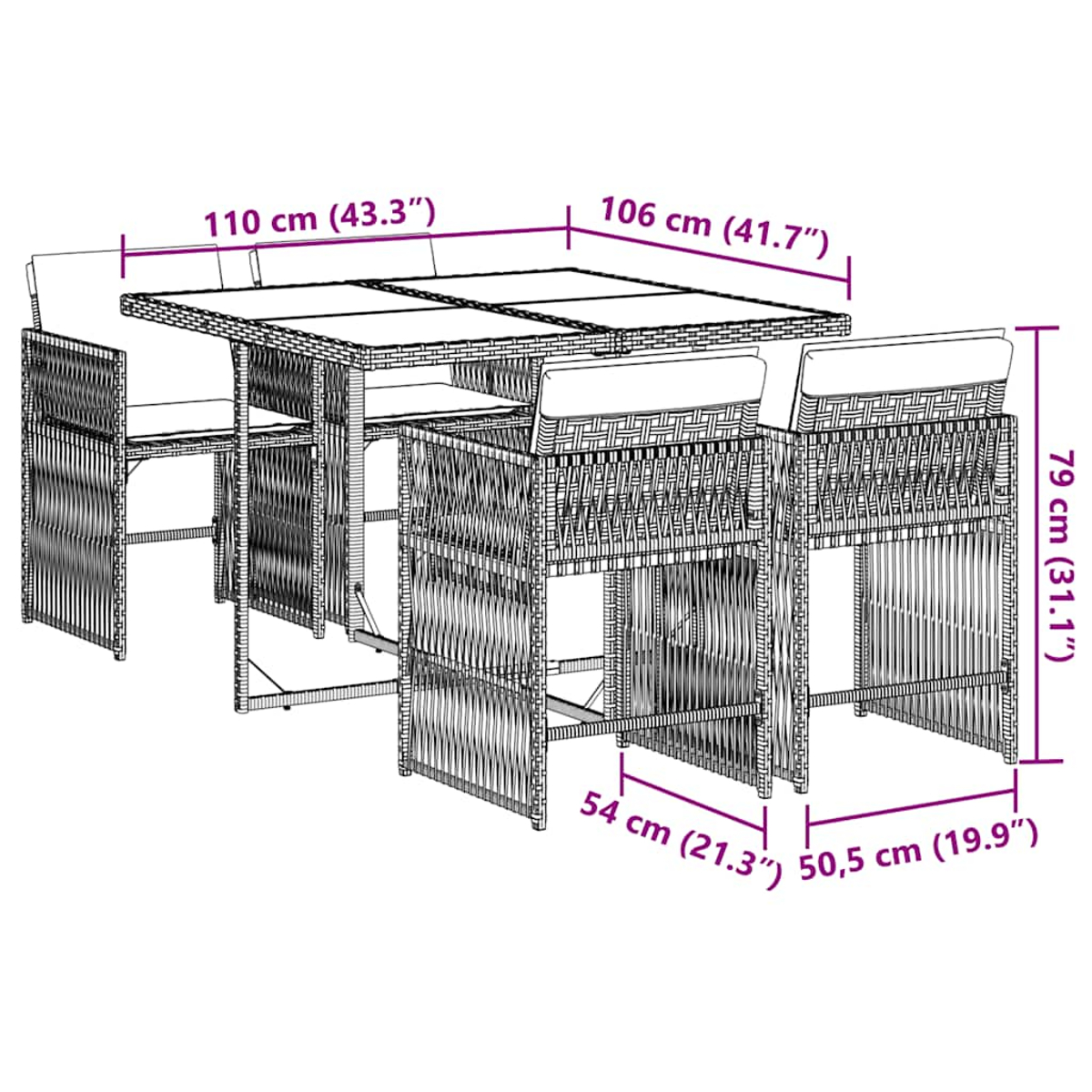 Set da pranzo in vimini con dimensioni. Include un tavolo e quattro sedie con cuscini bianchi.