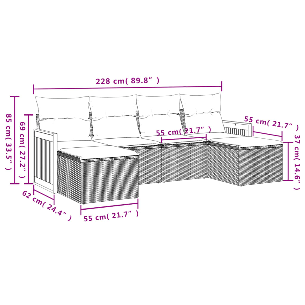Geflochtenes Sofaset mit beschrifteten Abmessungen, beige Kissen, auf weißem Hintergrund.