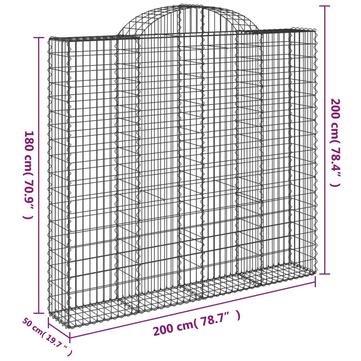 Großer Metall-Drahtgeflechtzaun mit gewölbter Oberseite, auf weißem Hintergrund, mit Abmessungen.