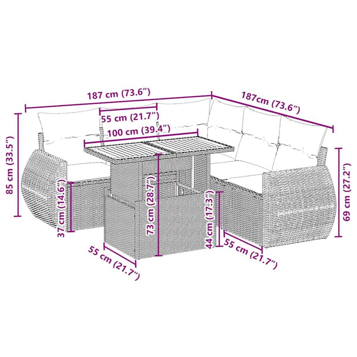 Set di mobili per patio esterno con dimensioni etichettate, che mostra due divani e un tavolo.