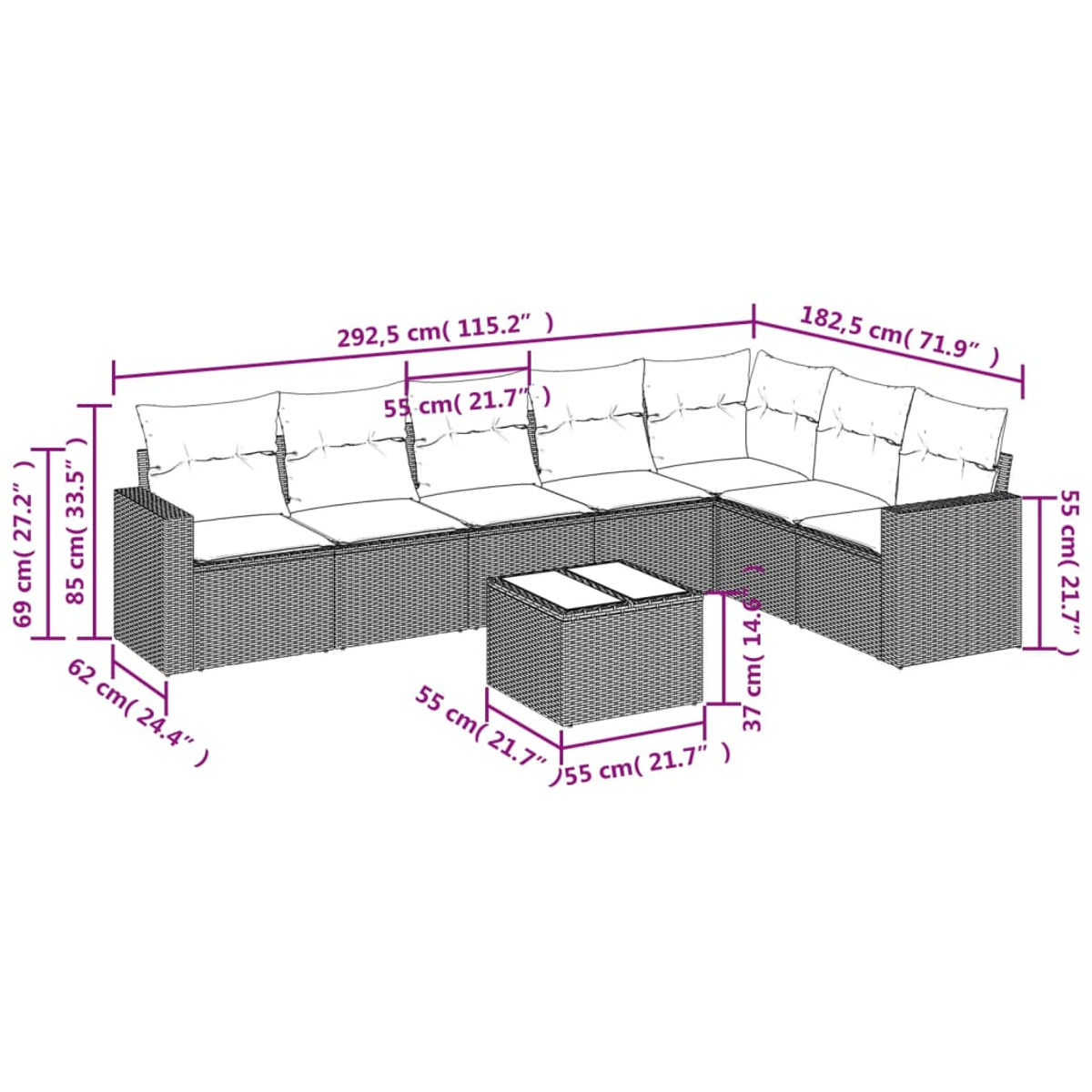 Set divano in rattan da esterno con dimensioni segnate.