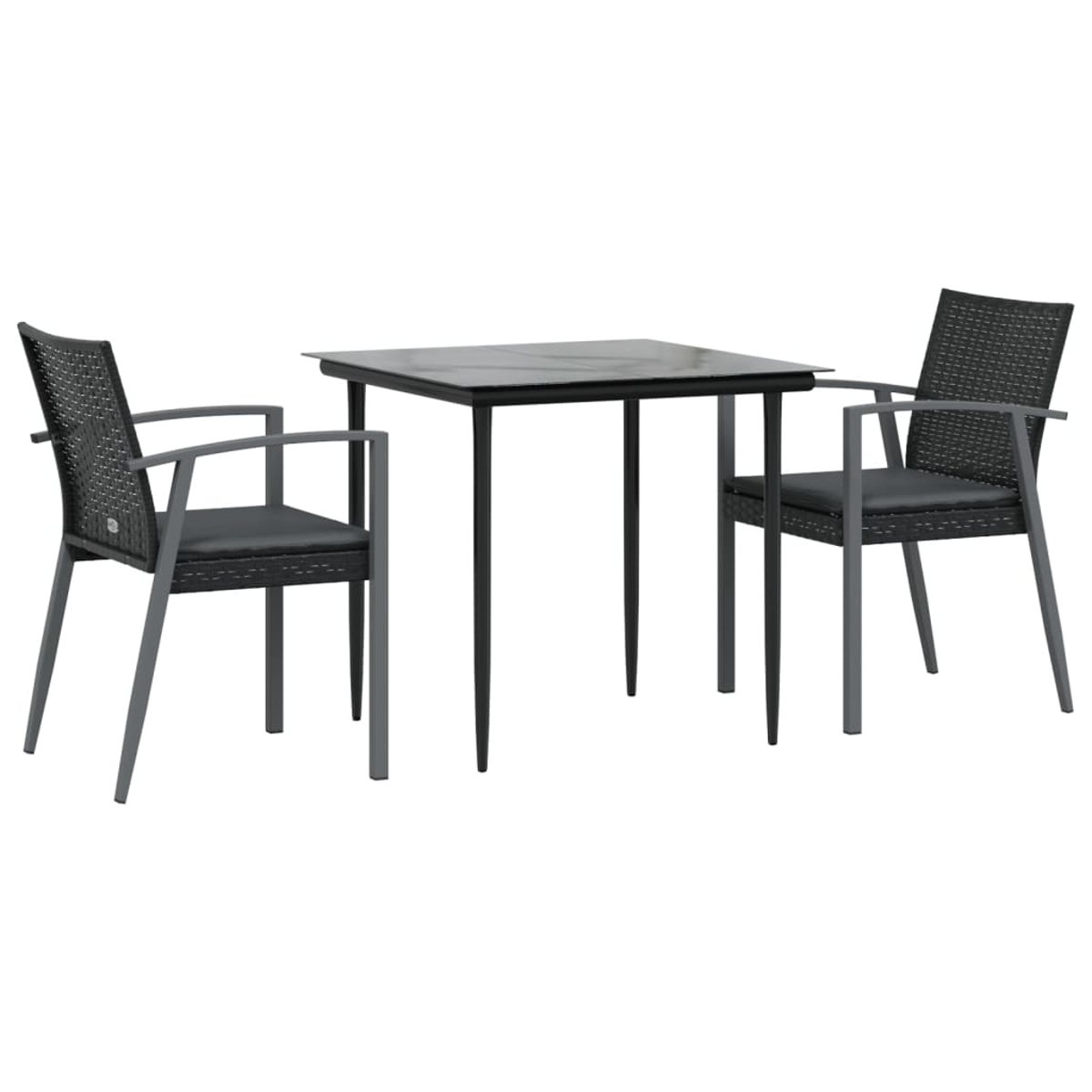 Quadratischer Tisch mit zwei Stühlen. Tisch hat dunkle Oberfläche und schwarze Beine.