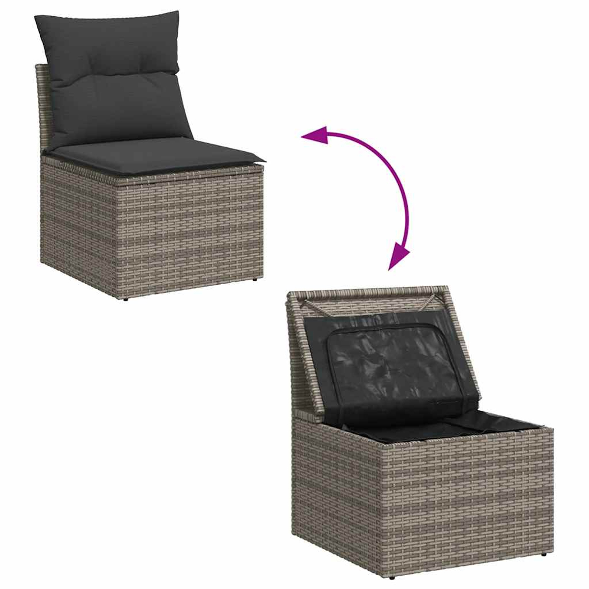 Zweiteiliger Rattan-Aufbewahrungsstuhl. Ein Teil geöffnet, um einen schwarzen Behälter zu zeigen.