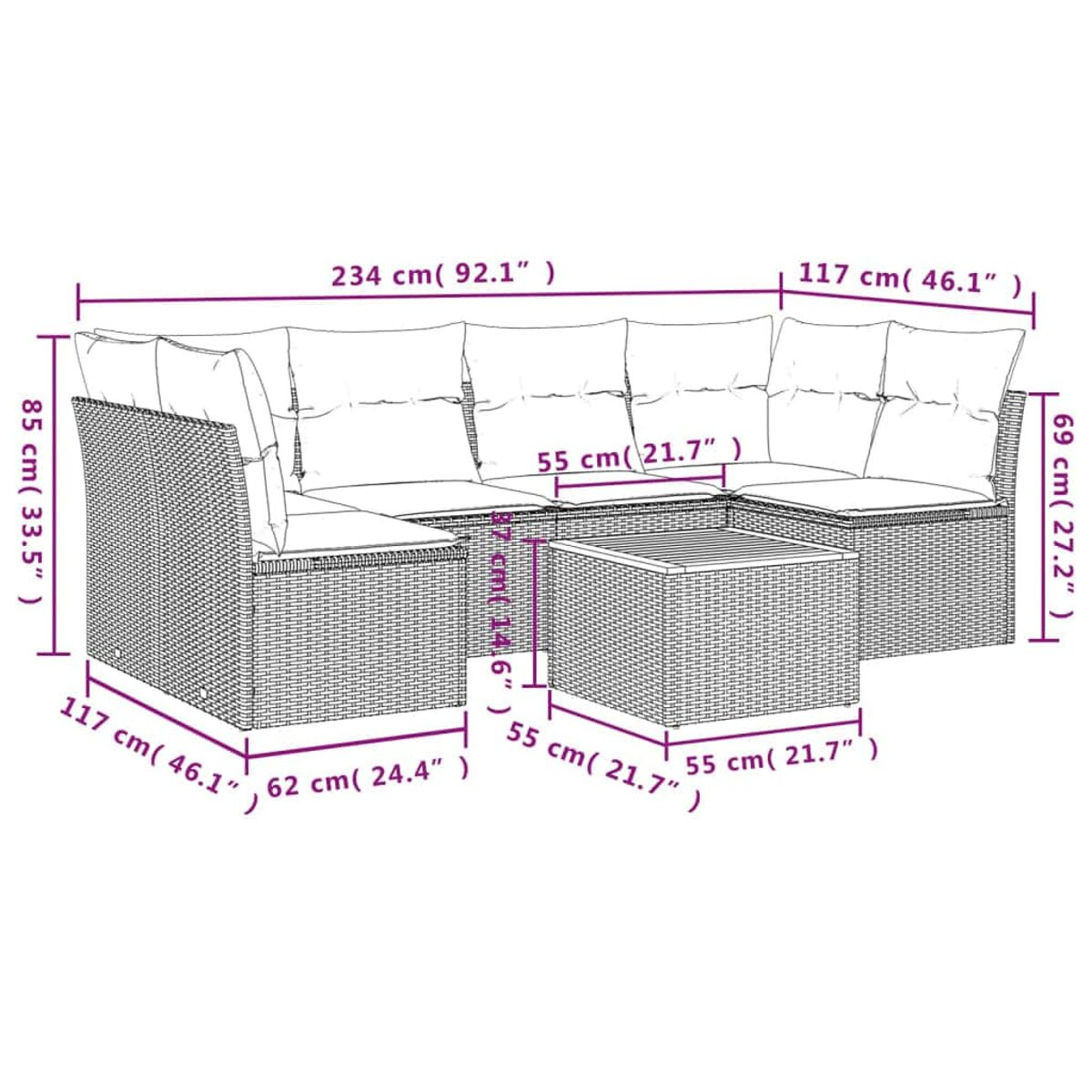 Set divano da esterno in vimini con dimensioni indicate.