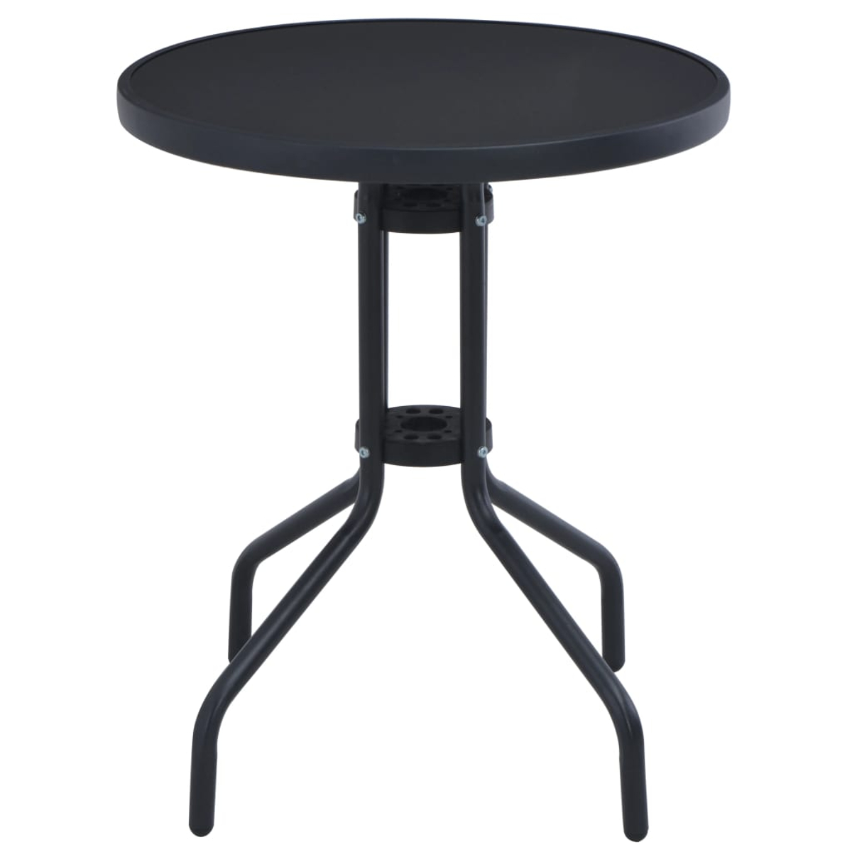 Schwarzer runder Tisch mit drei Beinen. Er steht auf weißem Hintergrund und hat ein modernes Design.