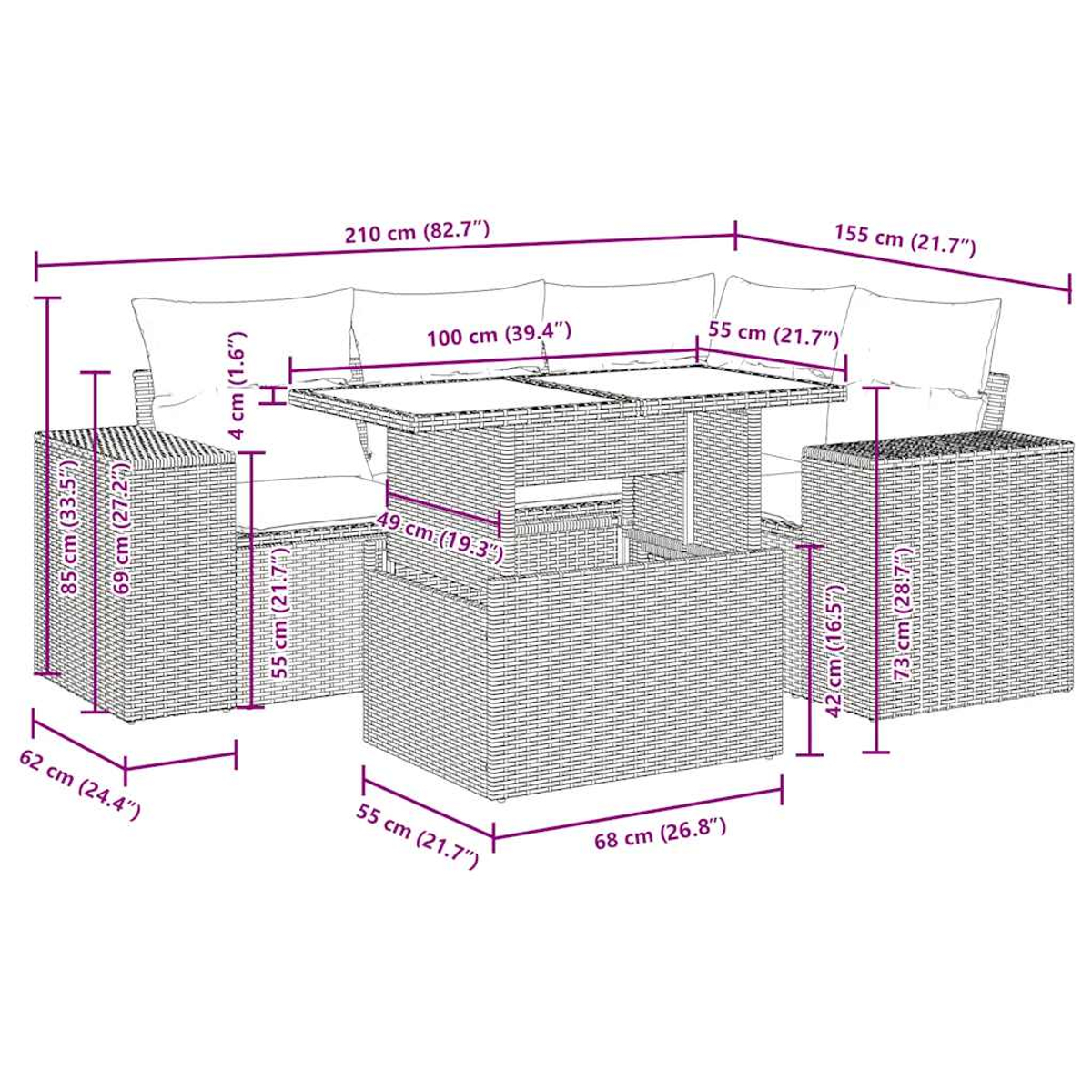 Set di mobili da esterno in rattan con tavolo e sedute. Le dimensioni sono indicate in cm.