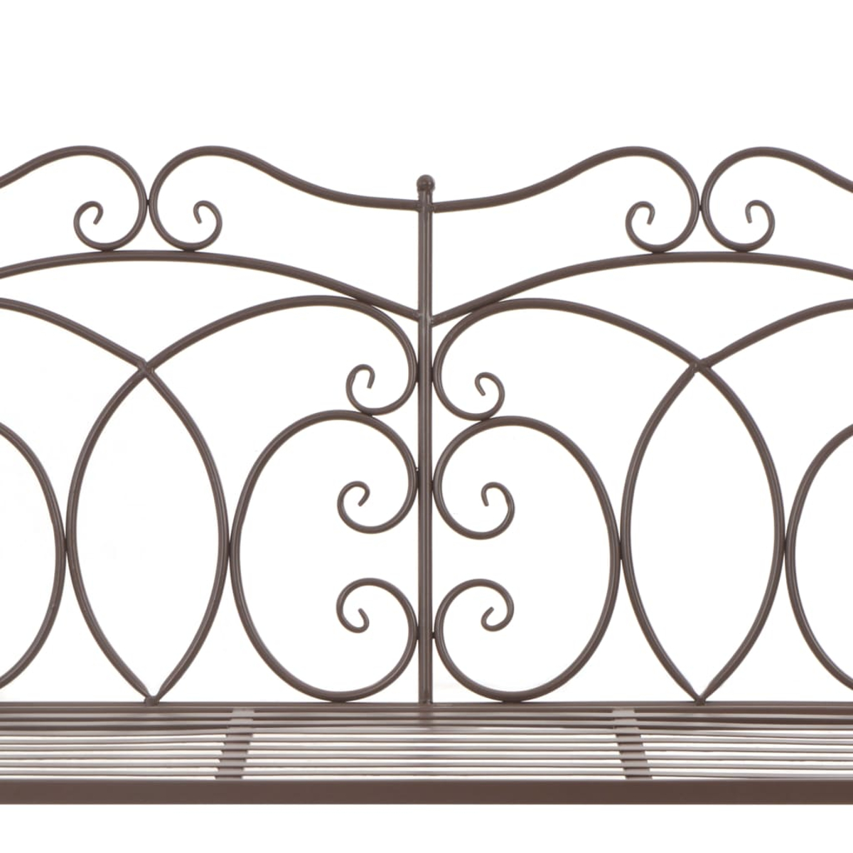 Nahaufnahme einer dekorativen braunen Metallbanklehne mit Scroll-Design.
