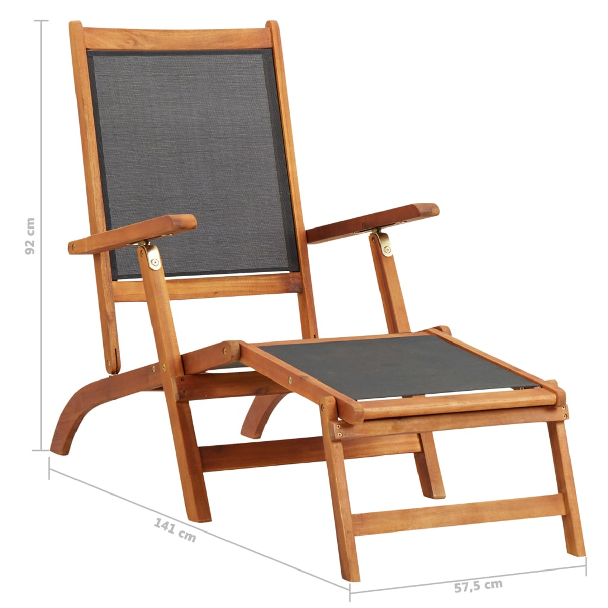 Liegestuhl aus Holz mit schwarzem Netzsitz und Fußstütze, Abmessungen.