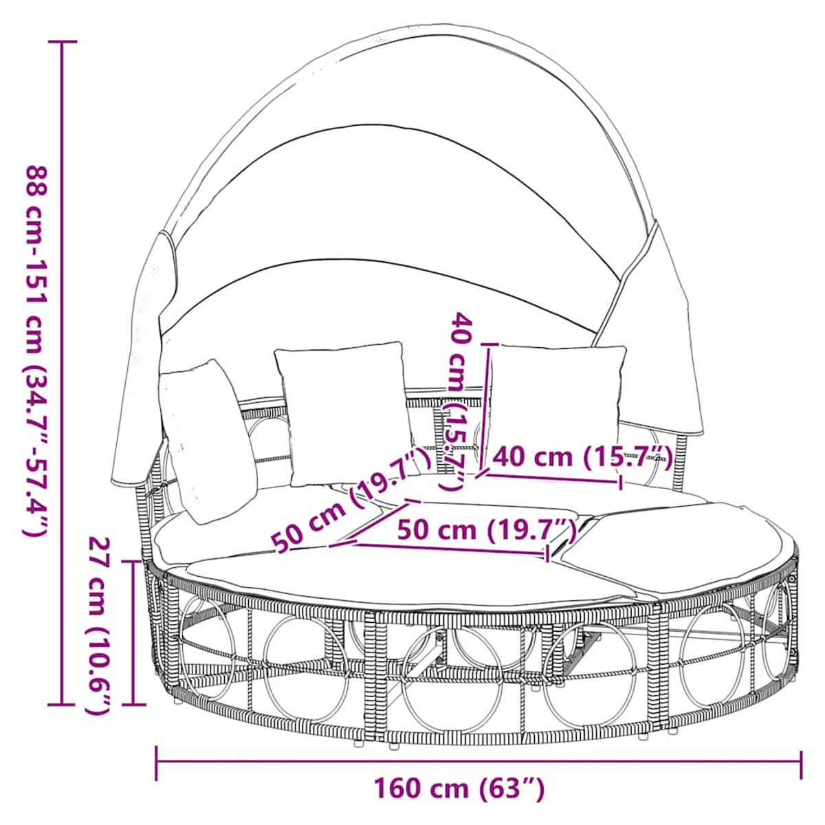 Lettino rotondo in rattan con dimensioni indicate, con cuscini e baldacchino. Su sfondo bianco.