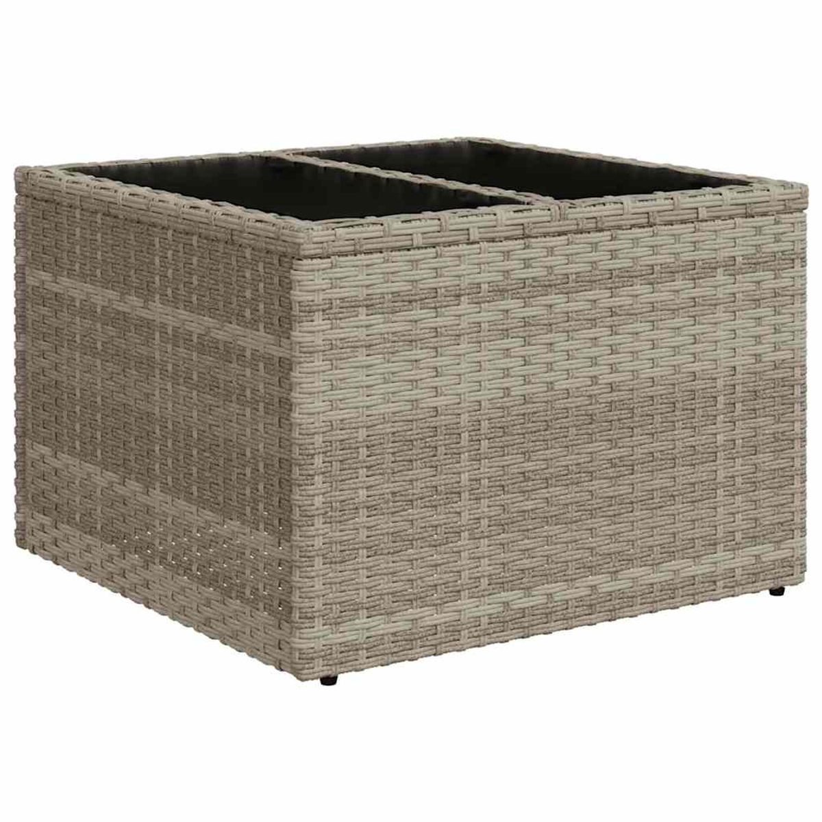 Una caja de almacenamiento cuadrada tejida beige con dos compartimentos internos.