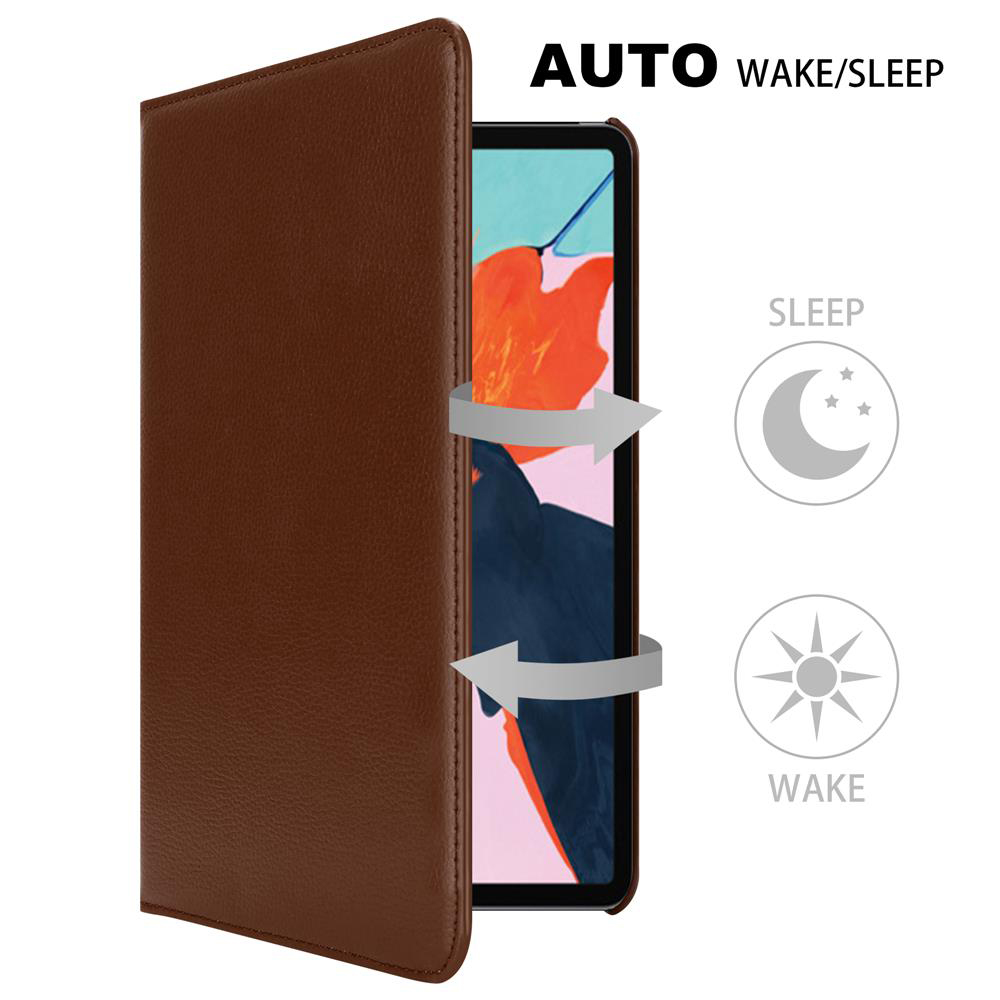 Braune Tablet-Hülle, teilweise geöffnet, zeigt ein Tablet. Text: 'AUTO WAKE-/SLEEP' mit Schlaf-/Weck-Symbolen.