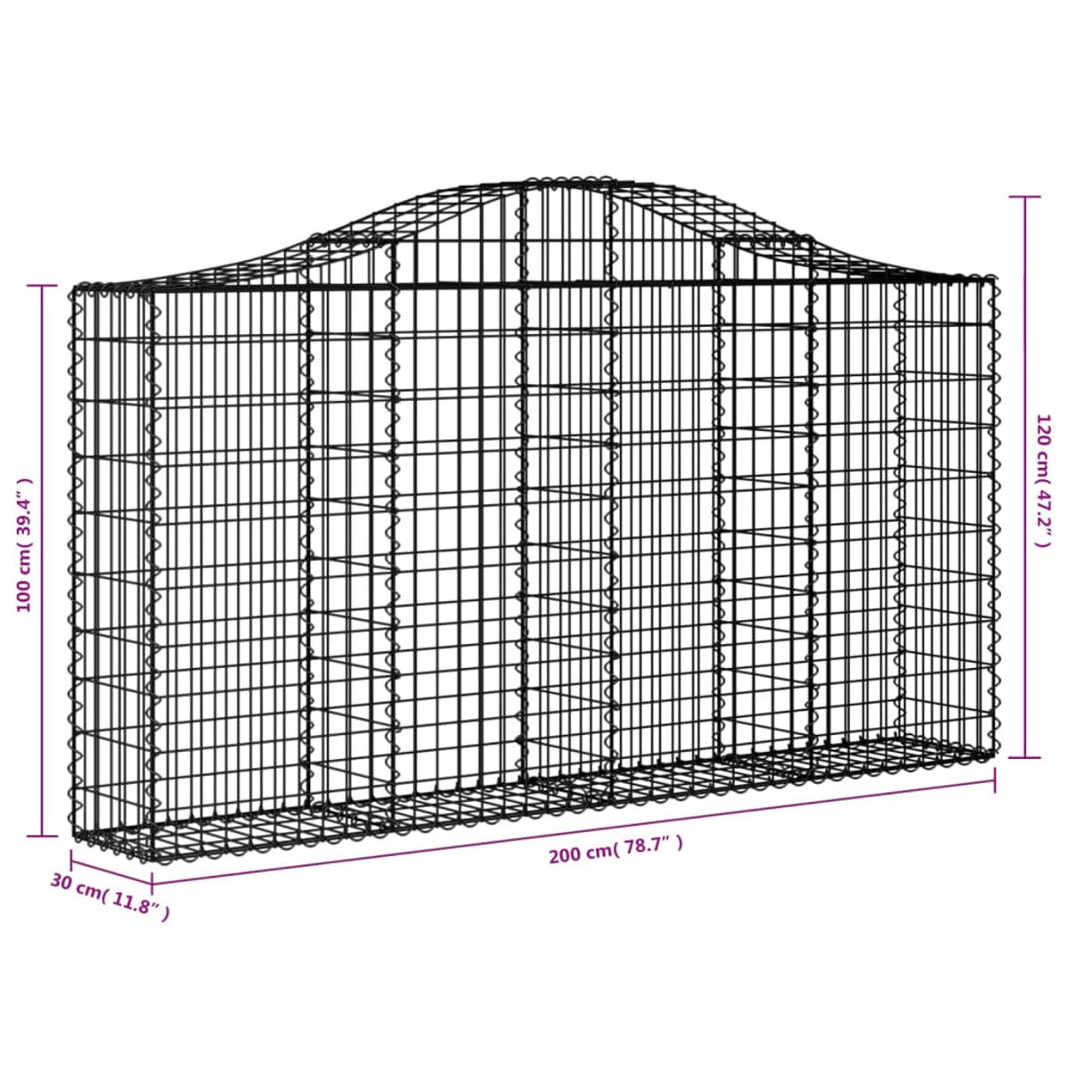 Ein rechteckiger Metall-Gabion für einen Garten. Weißer Hintergrund.