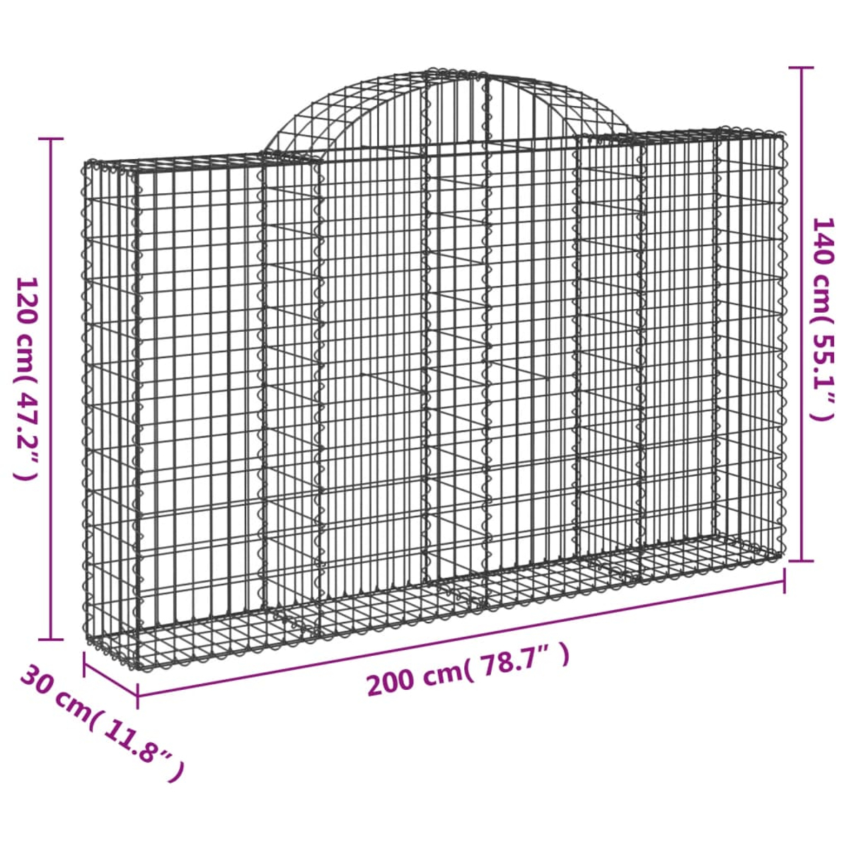 Drahtrahmen-Gabion mit gewölbter Oberseite. Maße: 200 cm lang, 140 cm hoch, 30 cm breit.