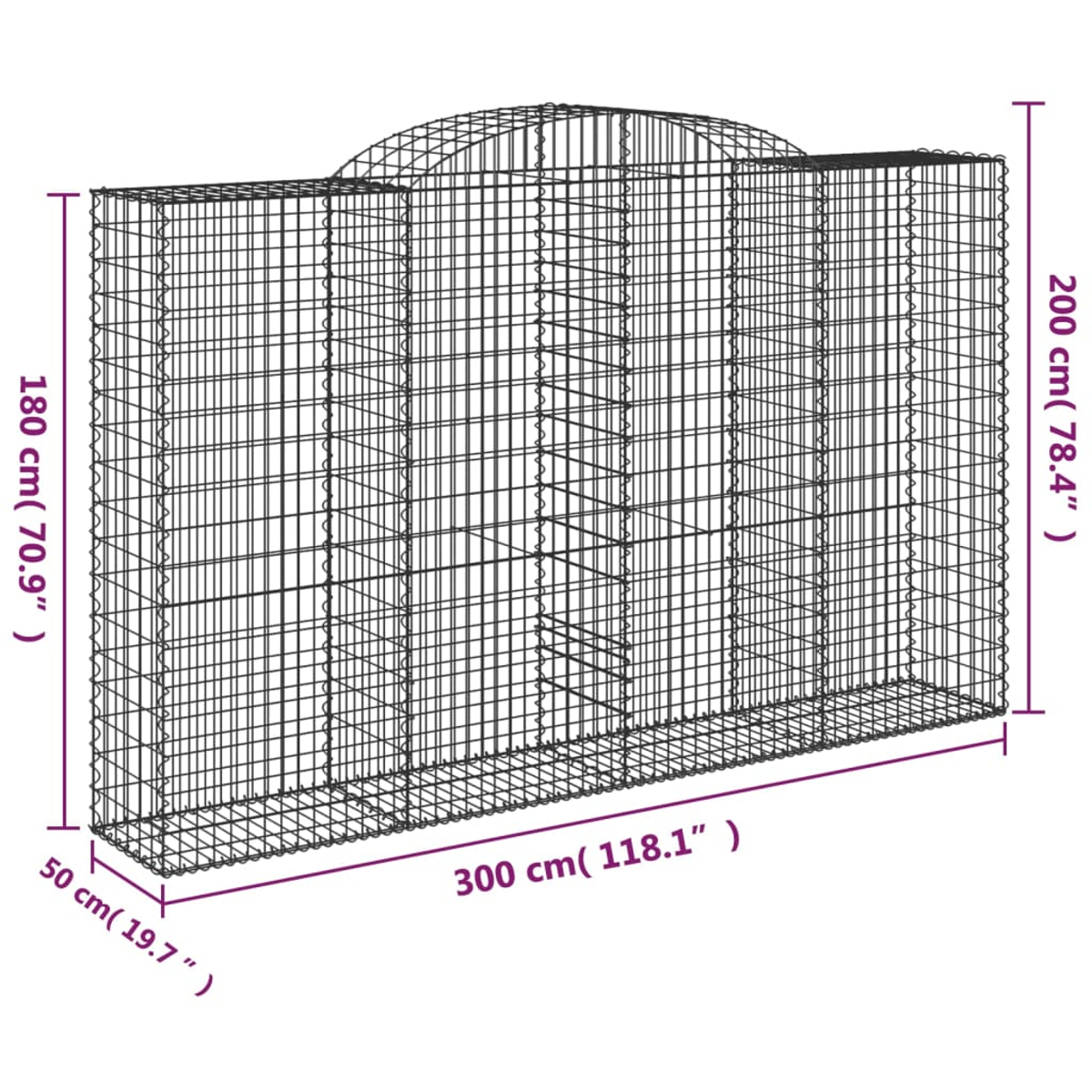 Drahtrahmen-Gabion mit gewölbter Oberseite. Maße: 300 cm lang, 200 cm hoch, 50 cm breit.