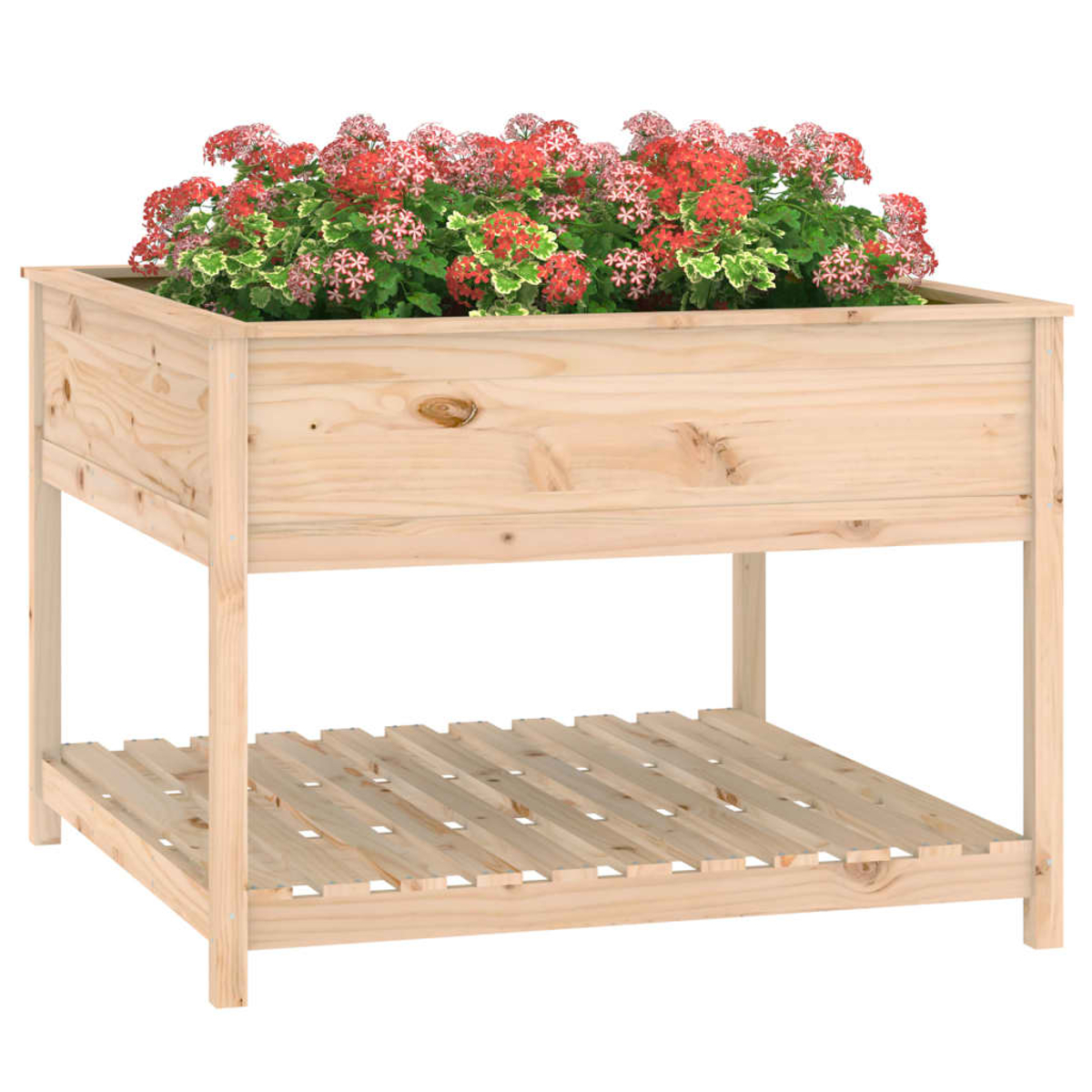 Holzpflanzkasten mit Regal. Rote und grüne Blumen sind in der Box gepflanzt.