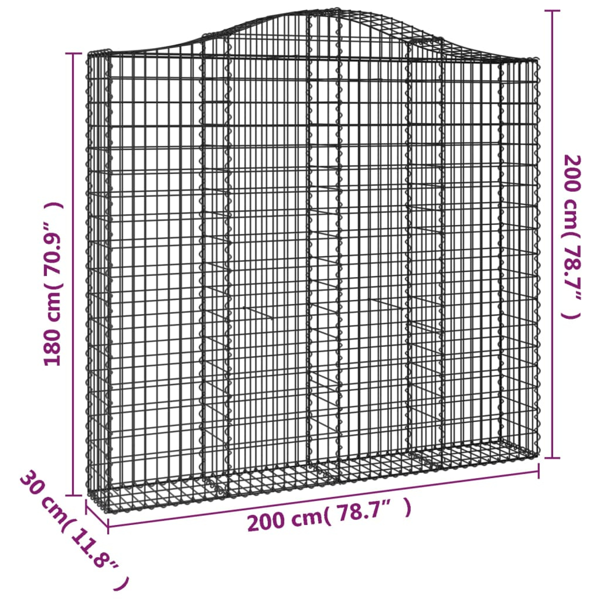 Gabionenwand mit Abmessungen. Drahtgeflechtkonstruktion, gewölbte Oberseite. Maße in cm und Zoll.