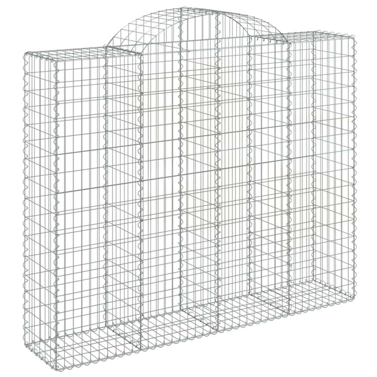 Gabionenwand aus Metall. Rechteckiges Drahtgeflecht, gewölbte Oberseite. Graue Farbe.