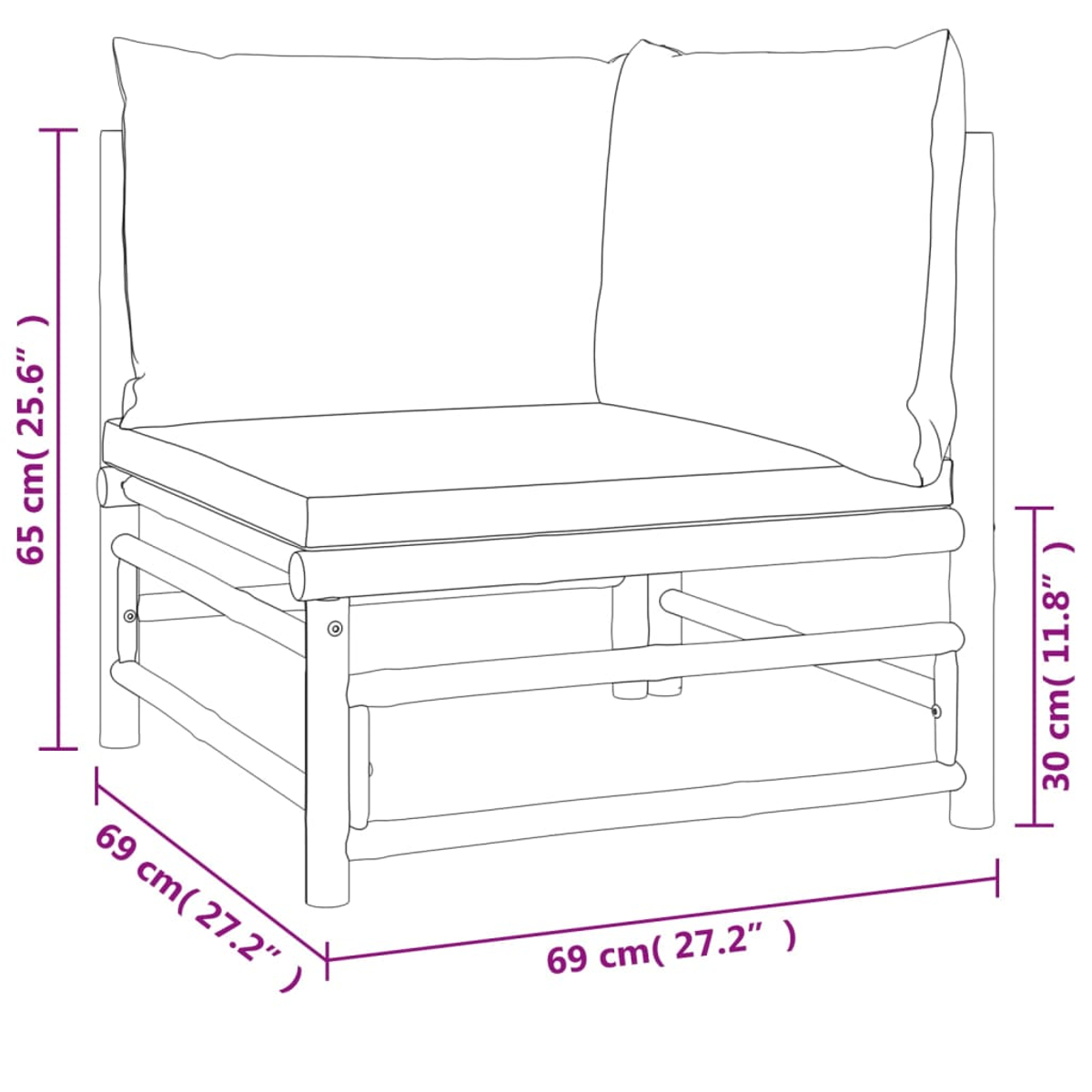 Ecksofa mit Kissen. Beige Farbe, Bambusrahmen. Abmessungen gezeigt.