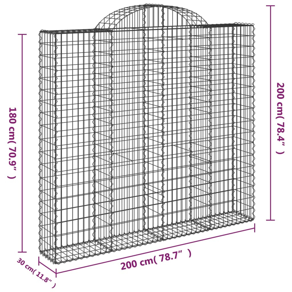 Metall-Gabionenwand mit Maßen: 180 cm Höhe, 200 cm Breite und 30 cm Tiefe.
