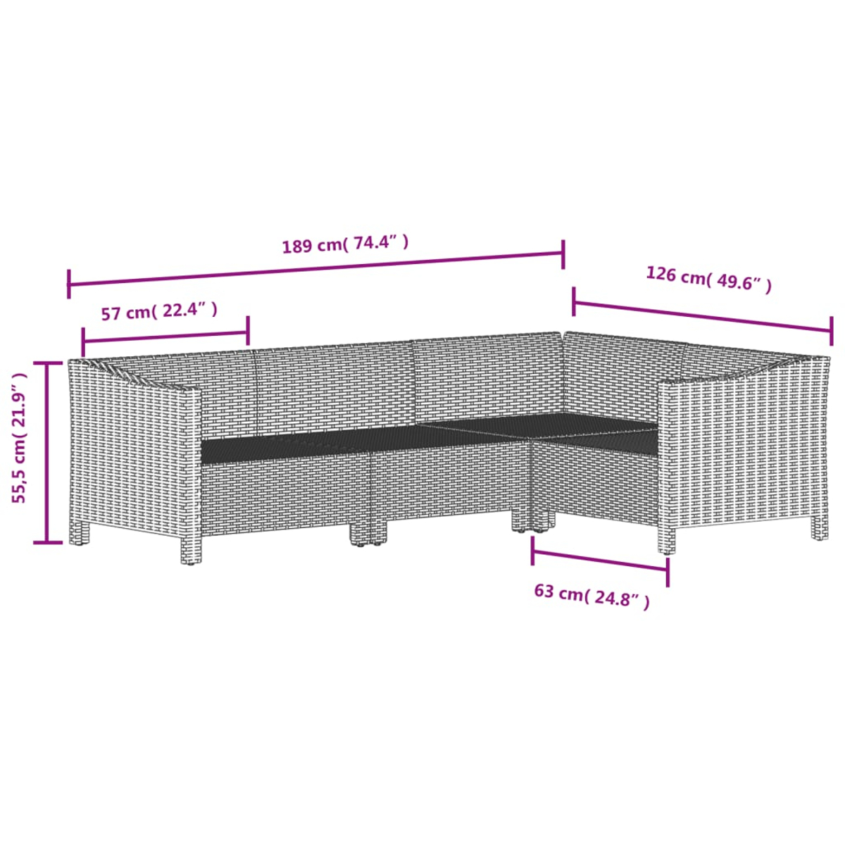 Outdoor-Rattansofa-Set, Abmessungen markiert.