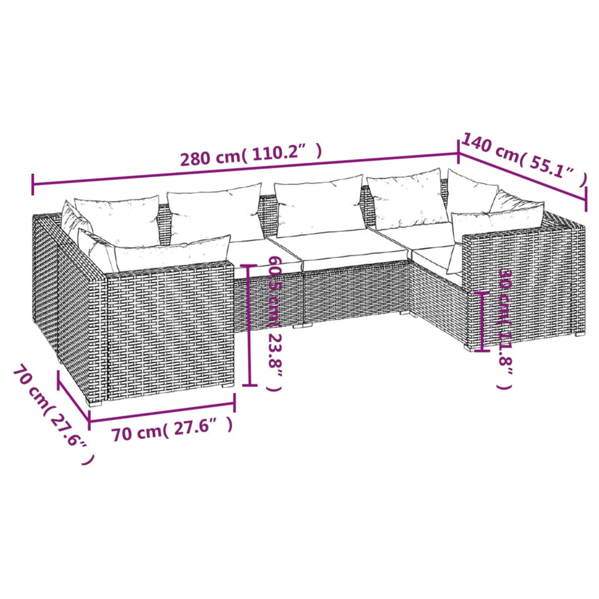 Ein U-förmiges Sofa im Korbstil mit in Zentimetern und Zoll beschrifteten Abmessungen, vor weißem Hintergrund.