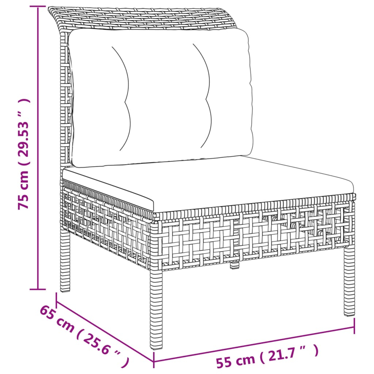 Ein Rattanstuhl mit Kissen, Maße in Zentimetern und Zoll, vor weißem Hintergrund.