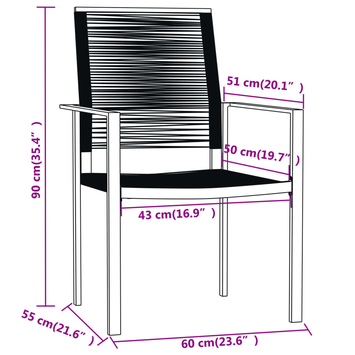 Stuhl mit Metallrahmen und Seilrücken und -sitz, Maße in cm und Zoll, vor weißem Hintergrund.