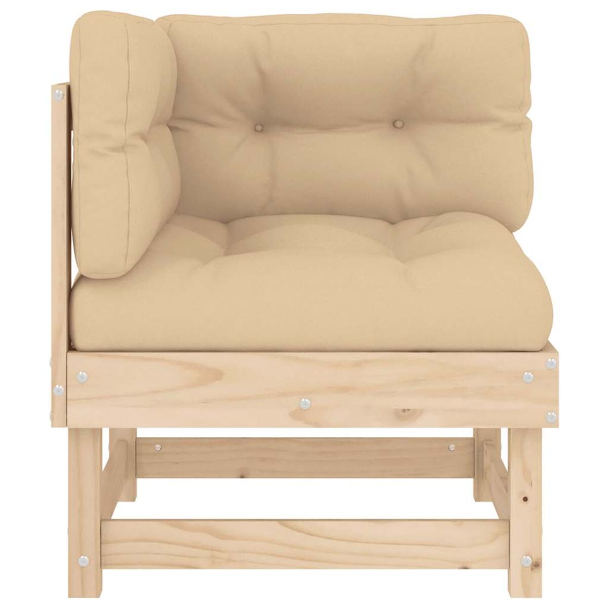 Ein Holz-Futonstuhl mit beigem Kissen und seitlicher Armlehne. Der Rahmen ist Holz.