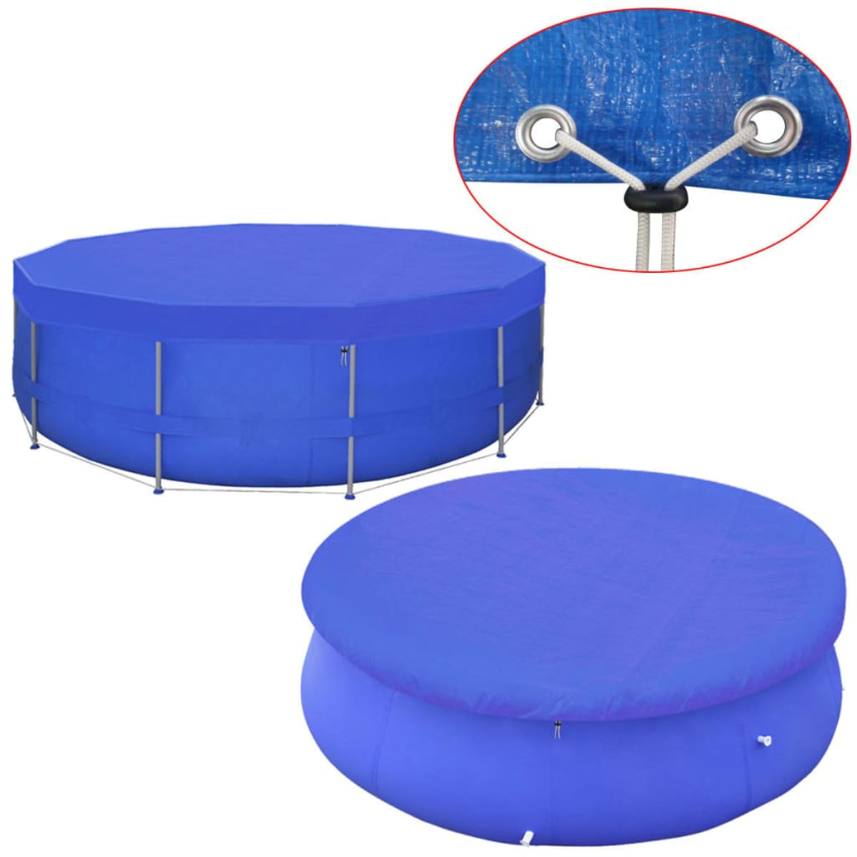 Zwei blaue Poolabdeckungen, eine auf einem Pool und die andere daneben. Details von Seil und Öse.