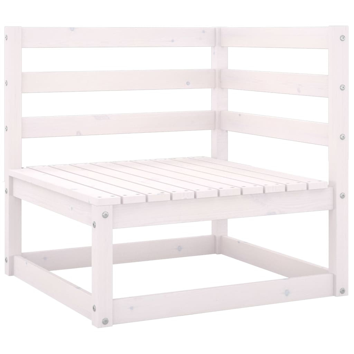 Ein weißer Eckstuhl aus Holzlatten, für Sitzgelegenheiten im Freien konzipiert.