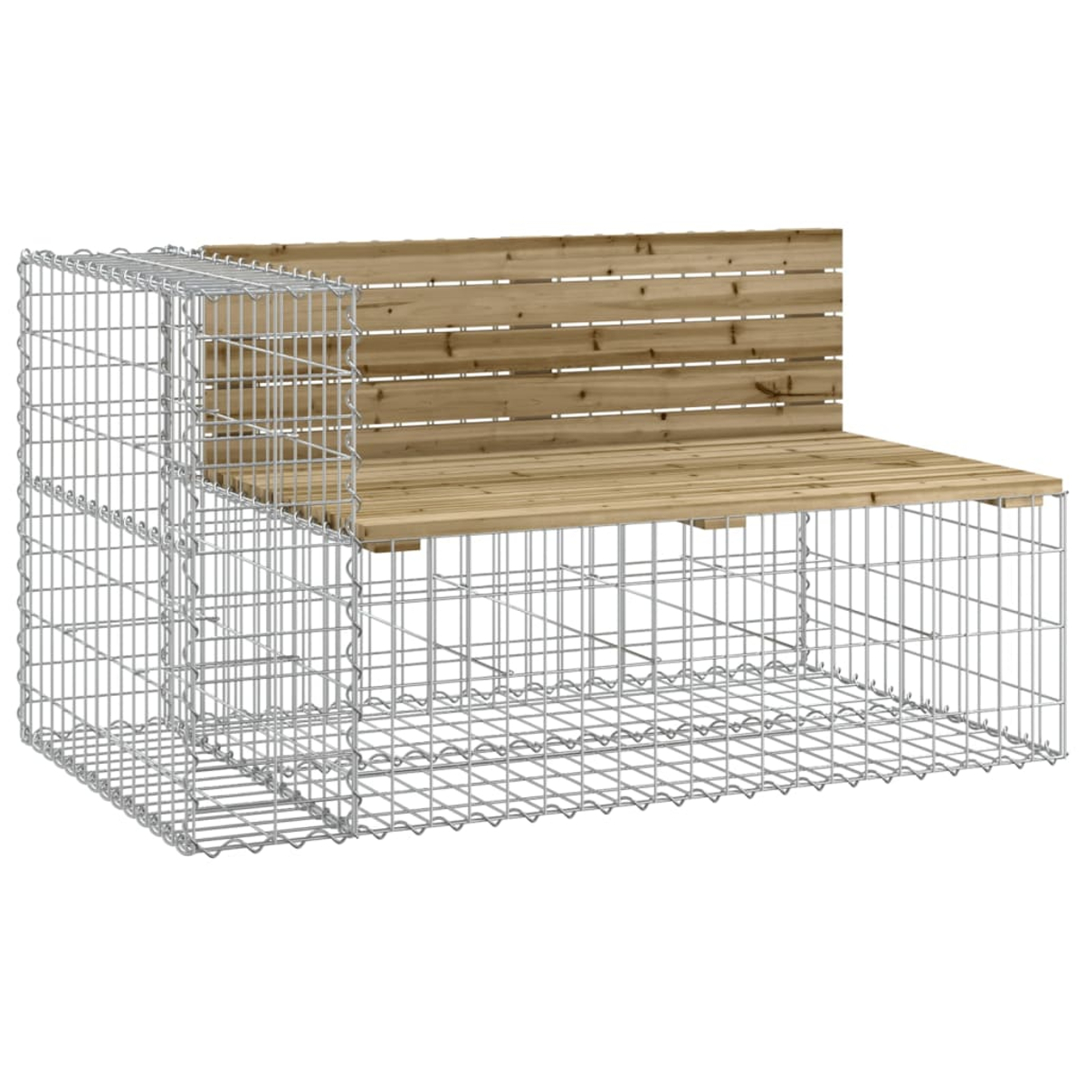 Eine Gabionenbank mit Holz Sitz und Rücken, aus Drahtgeflecht gefertigt.