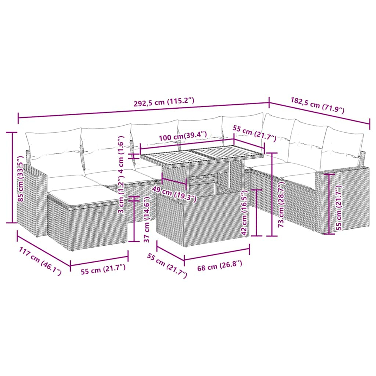 Geflochtenes Sofaset mit Tisch. Abmessungen in cm angegeben.