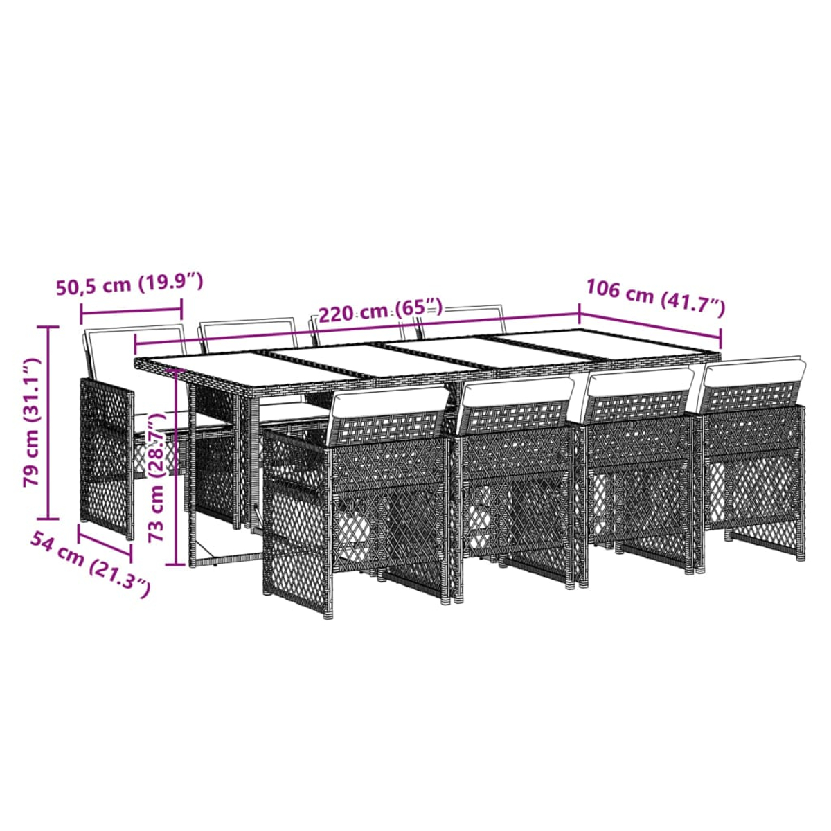 Diagramm eines Outdoor-Esssets mit Abmessungen in Zentimetern. Das Set hat einen Tisch und Stühle.