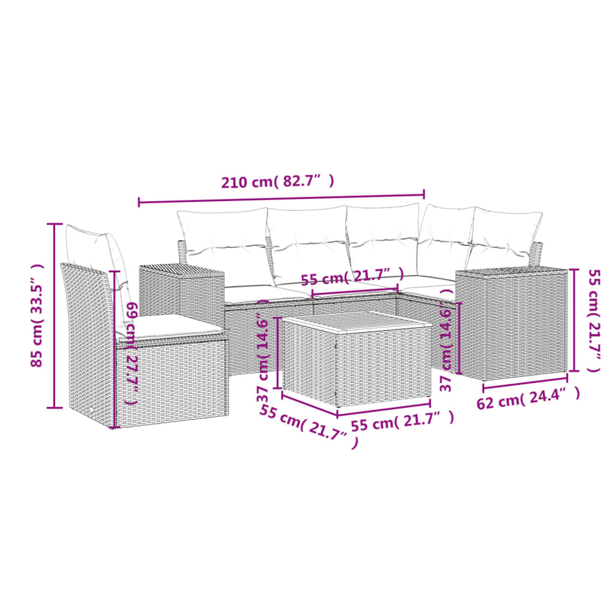 Diagramm eines schwarzen Outdoor-Ecksofas aus Korbgeflecht mit Abmessungen in cm und Zoll.