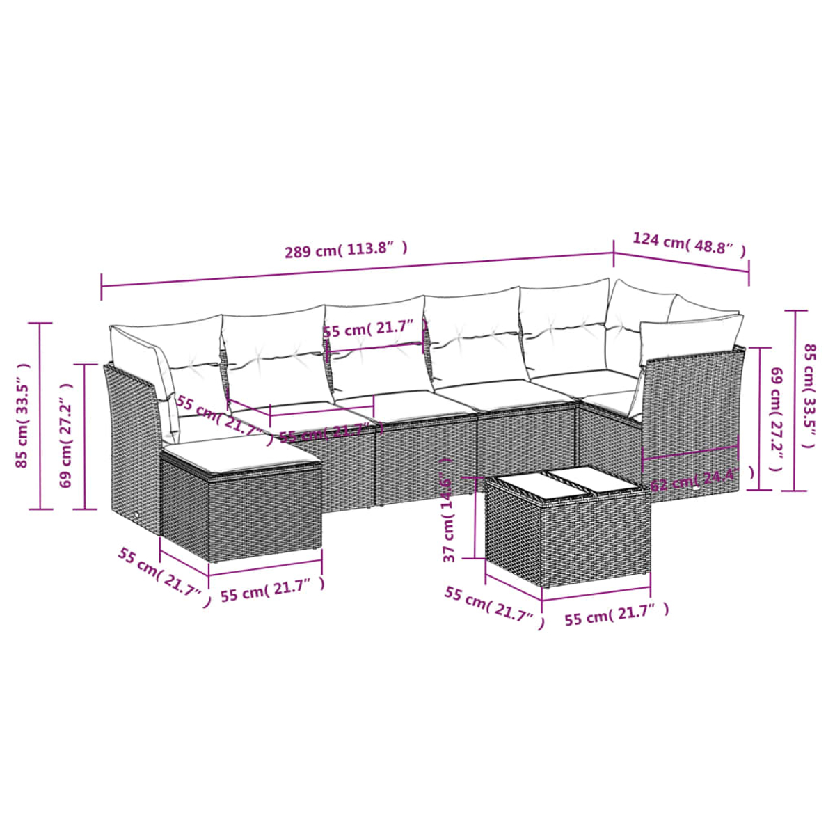 Diagramm eines Rattan-Sofas mit Abmessungen. Enthält ein Ecksofa und Messungen in cm und Zoll.