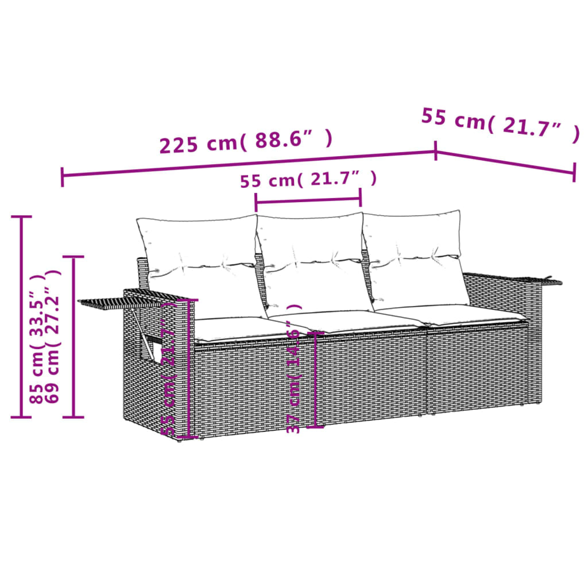 Divano a tre posti in vimini con dimensioni etichettate. Include cuscini, sfondo bianco.