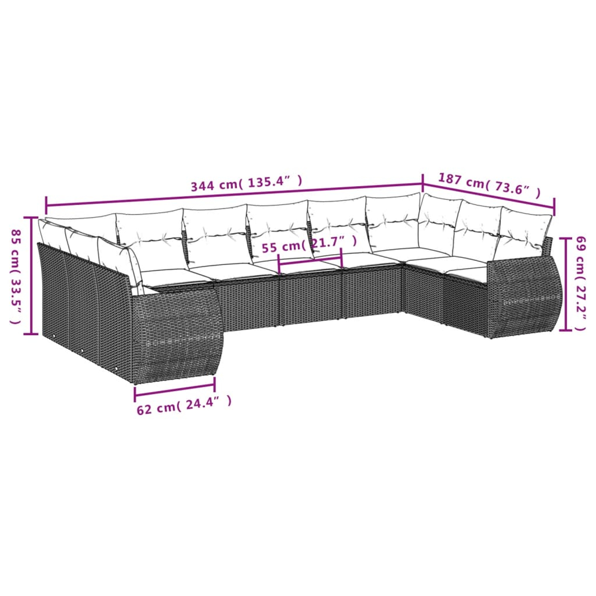Großes U-förmiges Outdoor-Wicker-Sofa mit weißen Kissen. Abmessungen werden angezeigt.