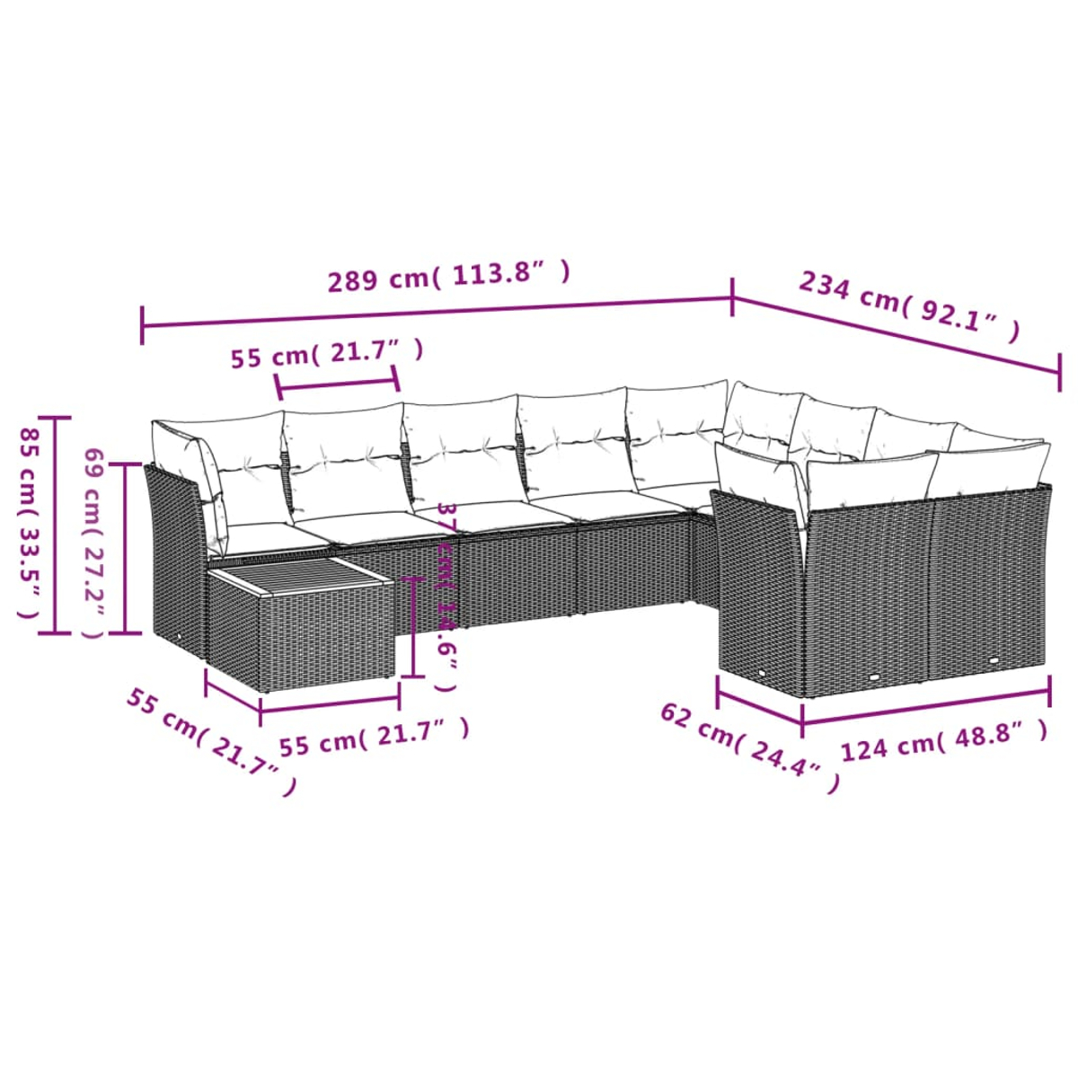 Geflochtenes Outdoor-Ecksofa mit Maßangaben. Inklusive Kissen und Tisch.