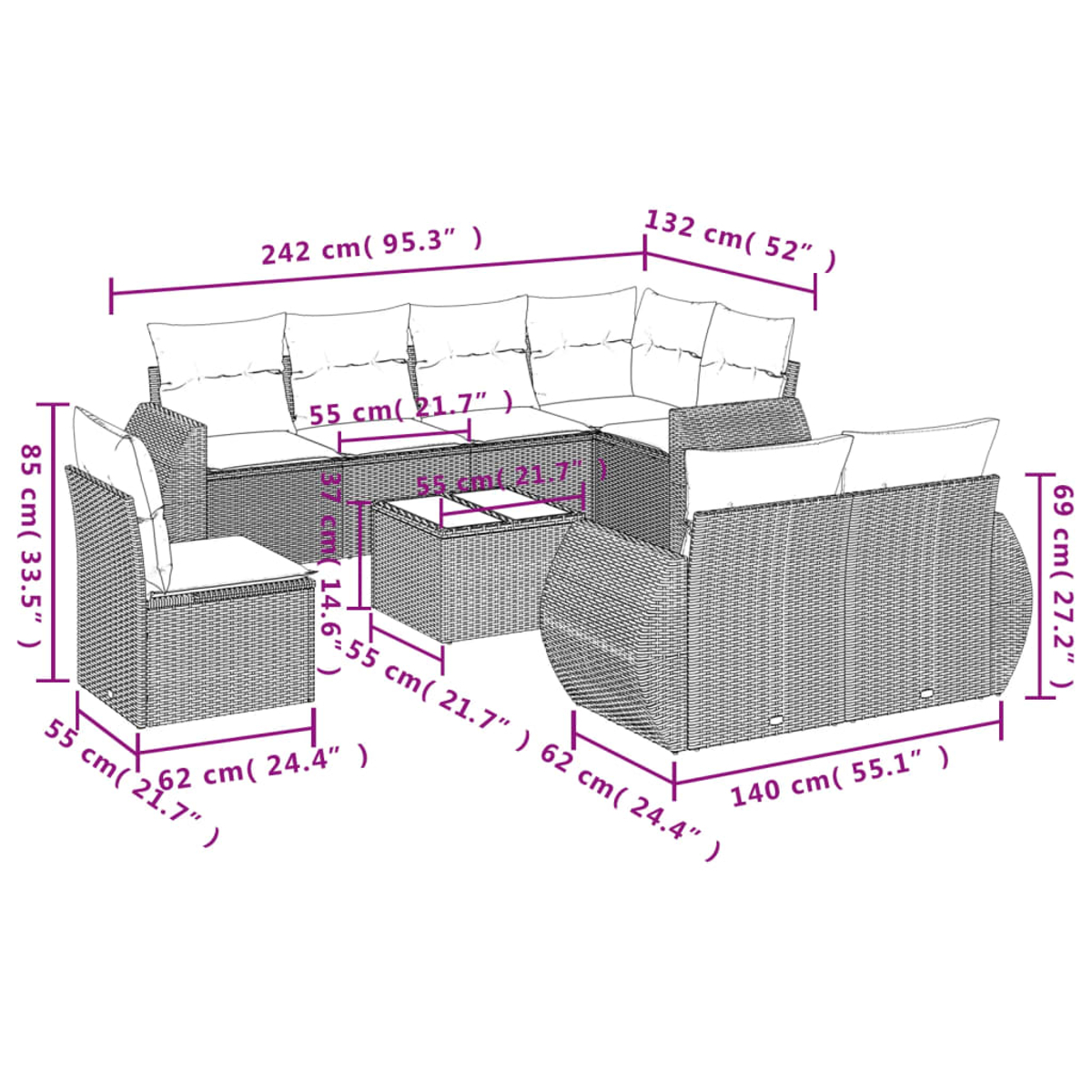 Diagramm eines grauen Gartenmöbelsets aus Korbgeflecht mit Maßen in cm und Zoll.