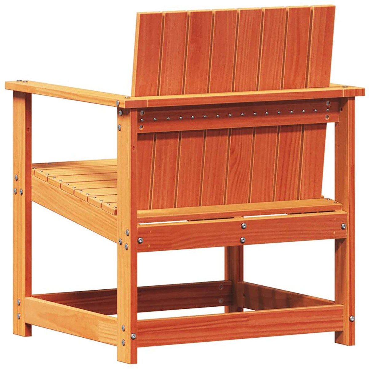 Sedia in legno, vista posteriore. Doghe verticali in legno. Legno marrone chiaro, viti visibili.