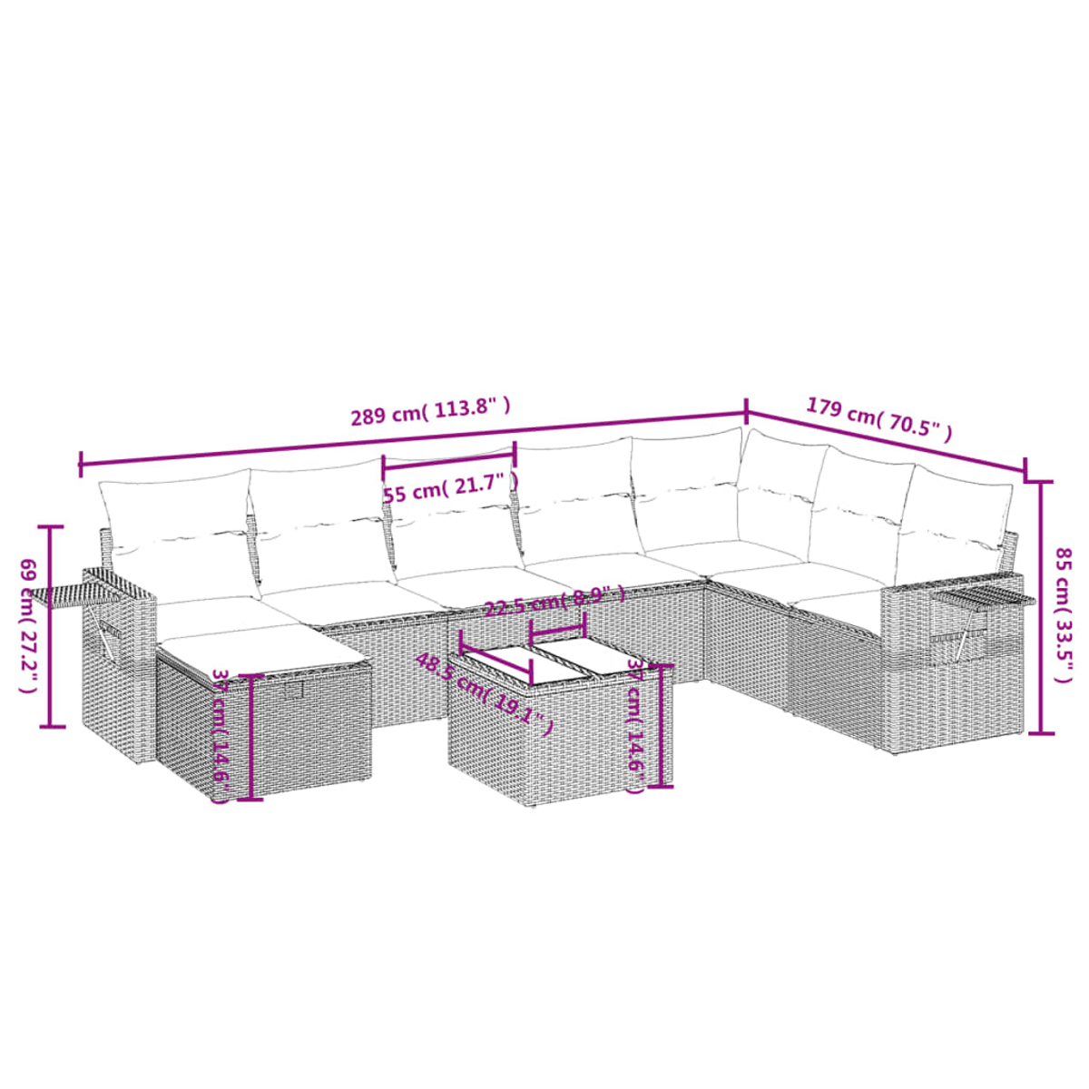 Outdoor-Ecksofa mit hellen Kissen, einem Tisch und Abmessungen in Zentimetern.