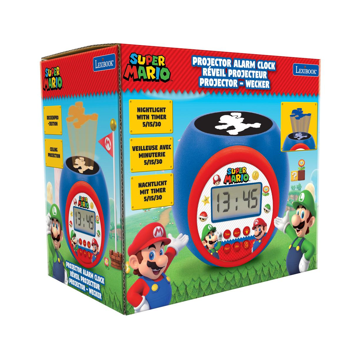 Caja del despertador proyector de Super Mario. Incluye un reloj y proyecciones de personajes de Super Mario.
