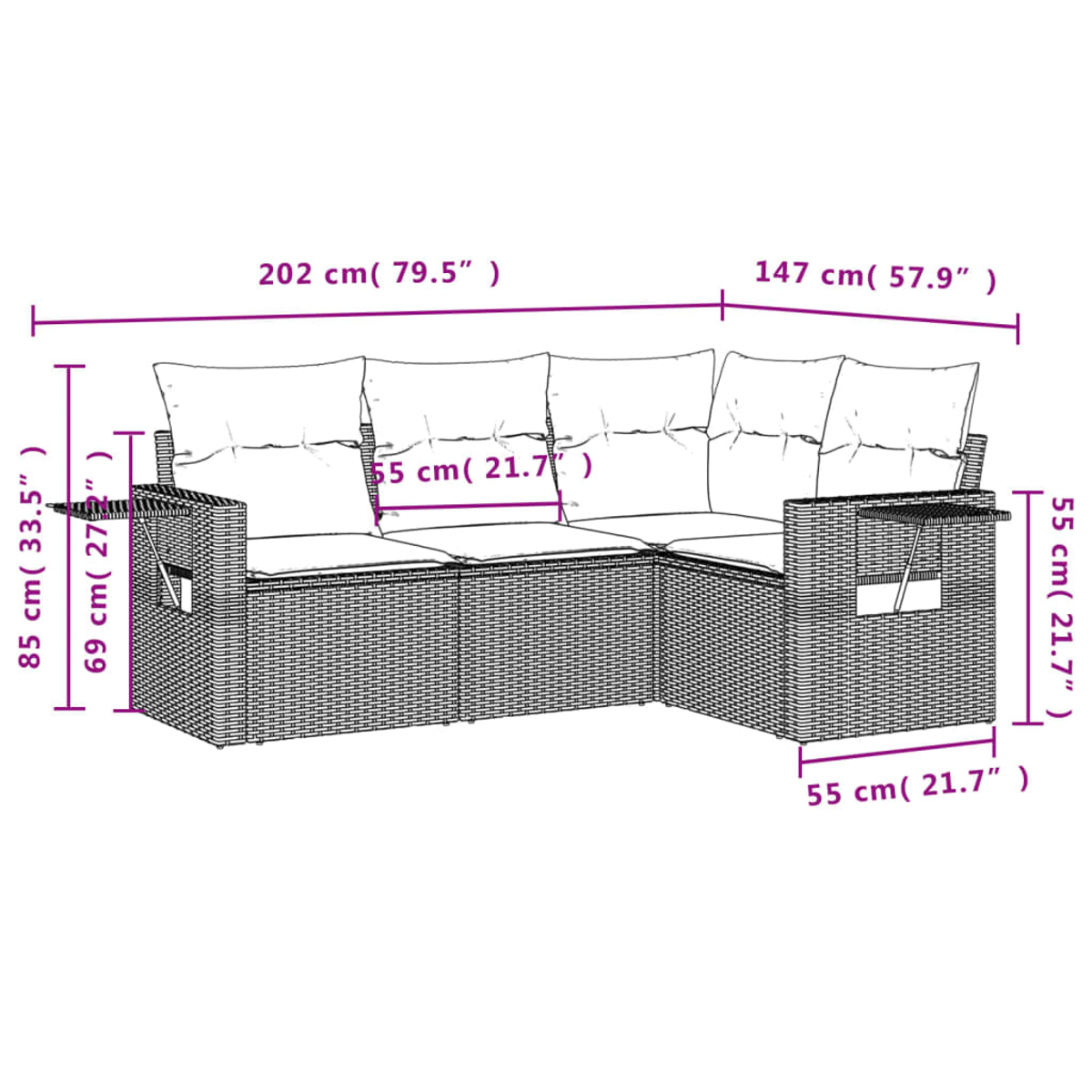 Diagramm eines großen Ecksofas. Zeigt Abmessungen in cm und Zoll. Es hat Kissen und einen Beistelltisch.