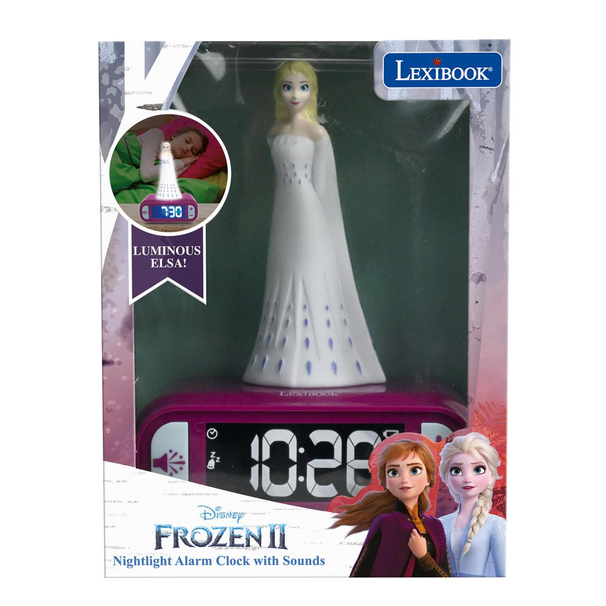 Caja del producto. Despertador con luz nocturna Frozen II con la figura de Elsa. La parte frontal muestra el reloj.