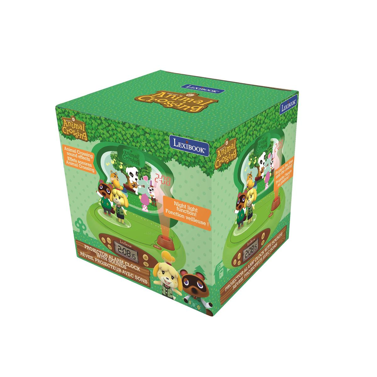 Scatola della sveglia di Animal Crossing. La scatola presenta personaggi e un design verde a cartoni animati.