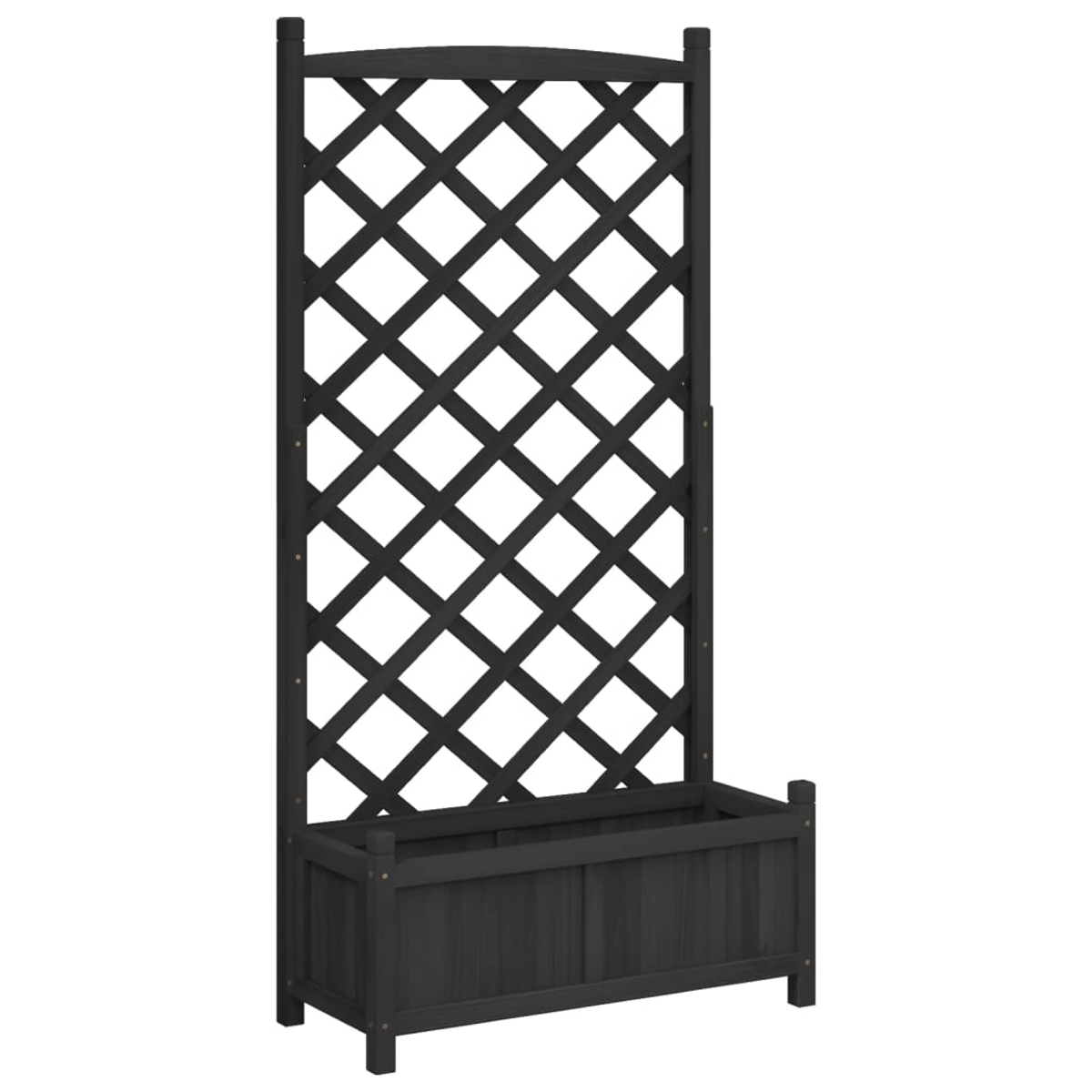 Schwarzes Holzgitter mit Pflanzkasten. Es hat eine rechteckige Form mit einem Gittermuster in der Mitte.