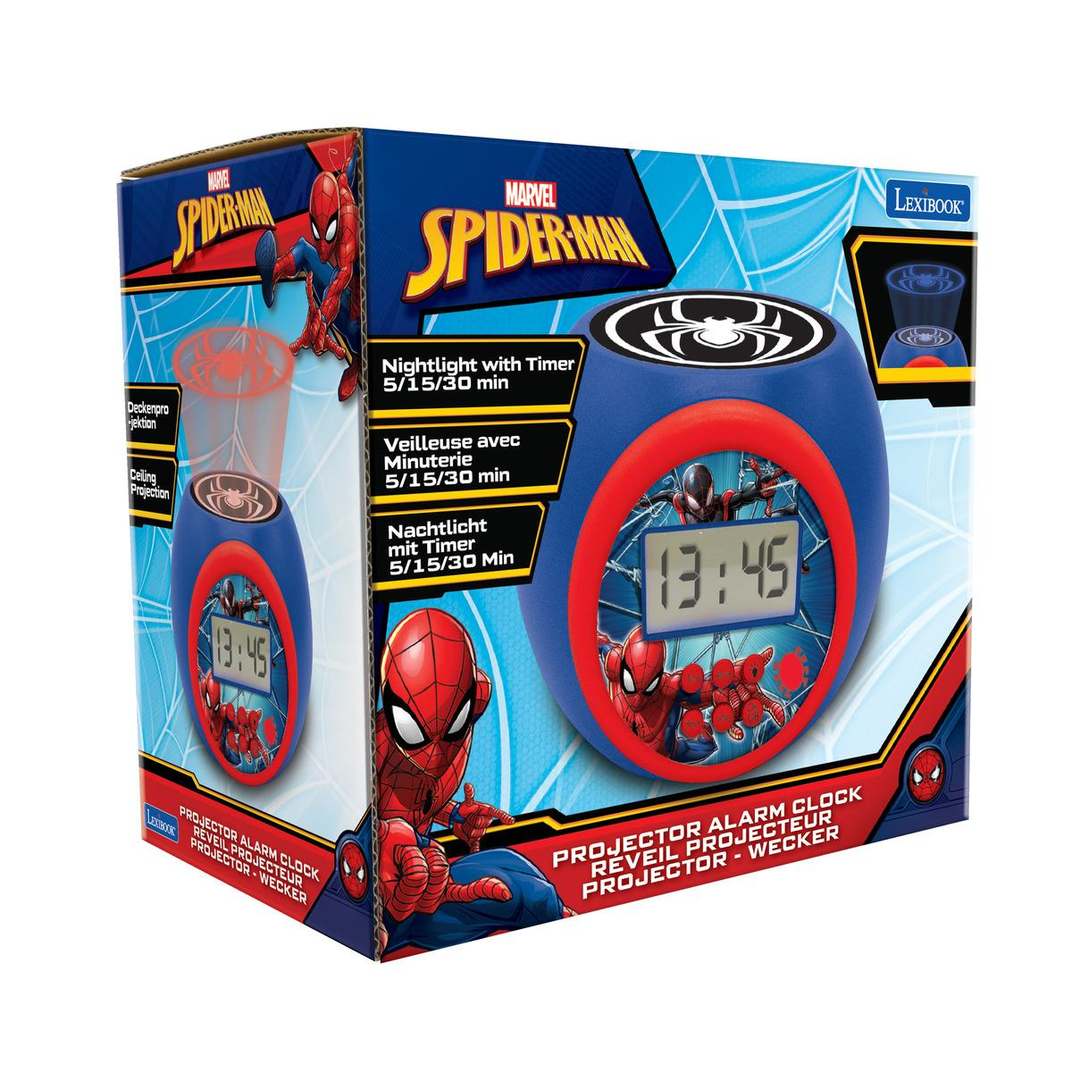 Un despertador proyector de Spider-Man en una caja, que muestra el reloj y gráficos de Spider-Man.
