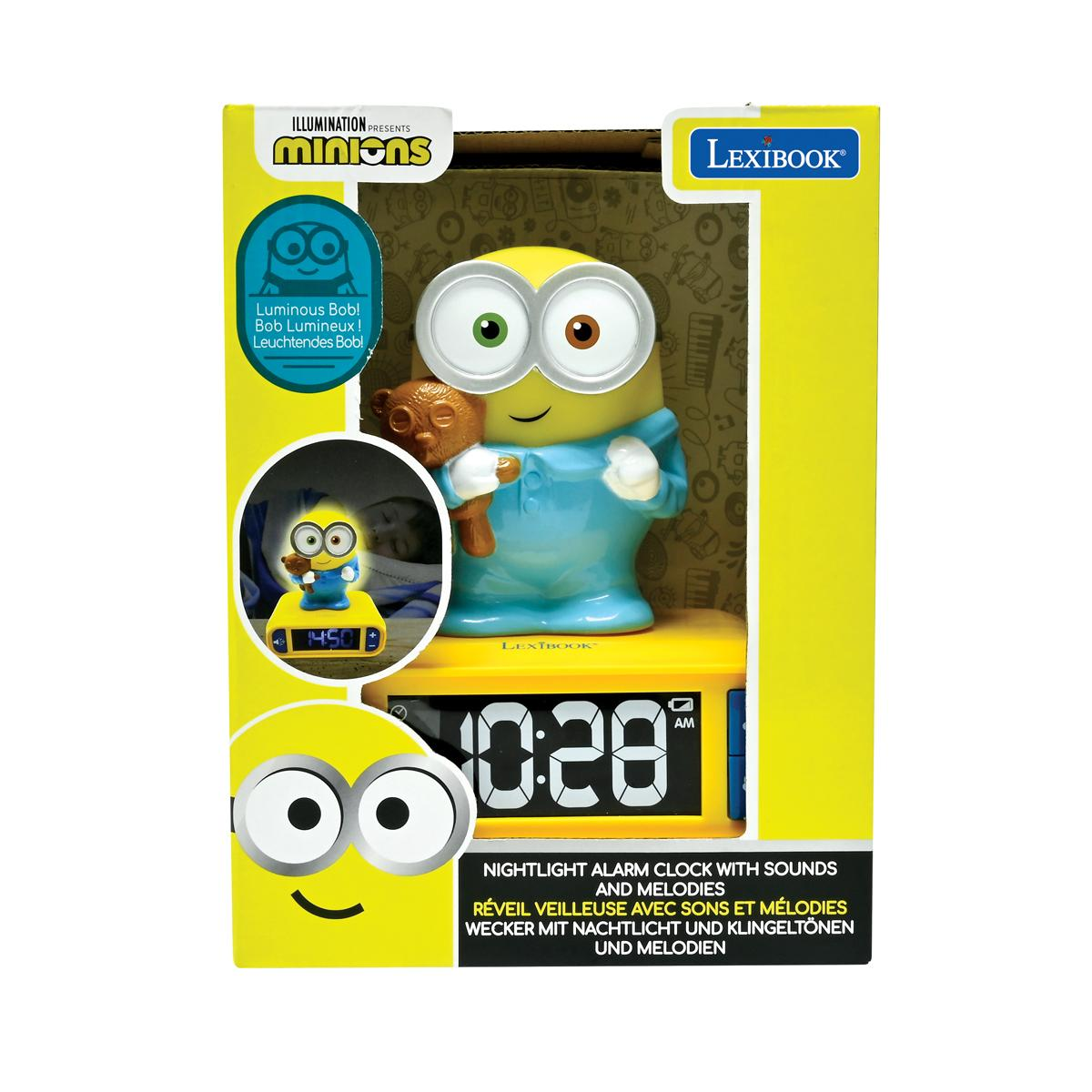 Un despertador de Minion en una caja, que muestra la hora y el personaje Minion.