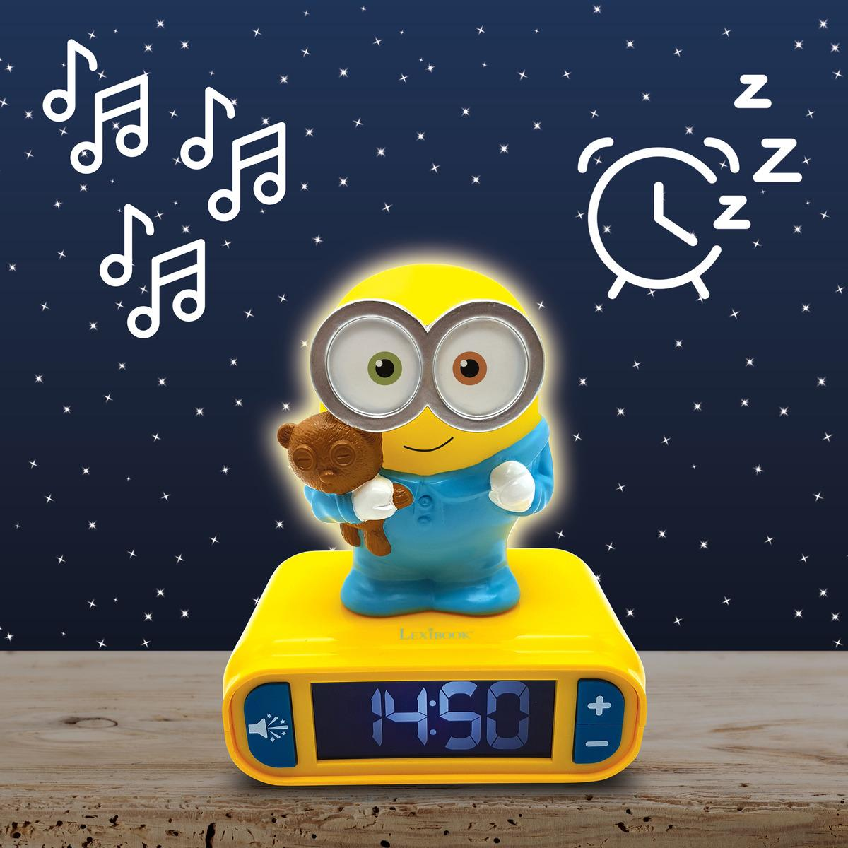 Un despertador Minion con notas musicales, un icono de reloj y un fondo estrellado.