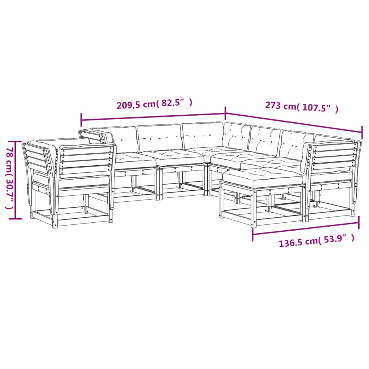 Diagramm eines Holz-Sofasets mit Abmessungen, das einen Abschnitt und eine Ottomane zeigt.